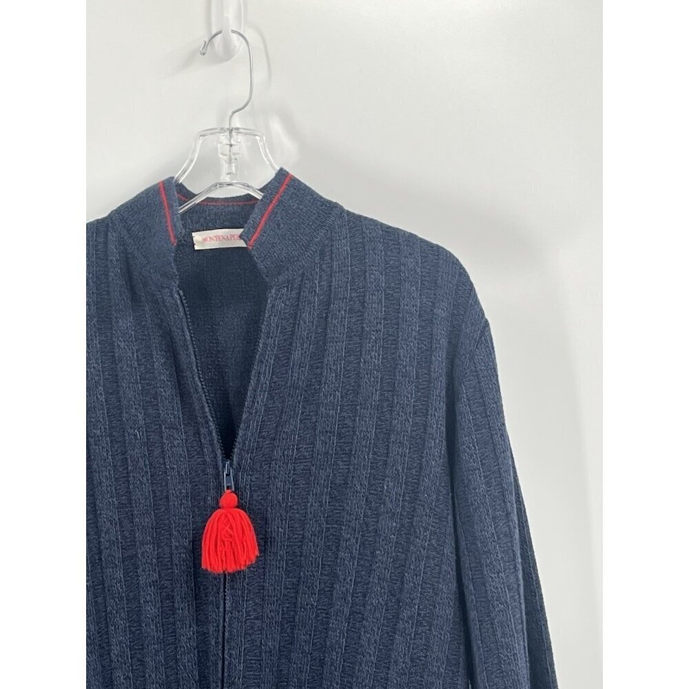 Navy Blue Sweater Dress Maxi Shacket Full Zip Ribbed Pockets Tassel Sz M Boho - Picture 3 of 5